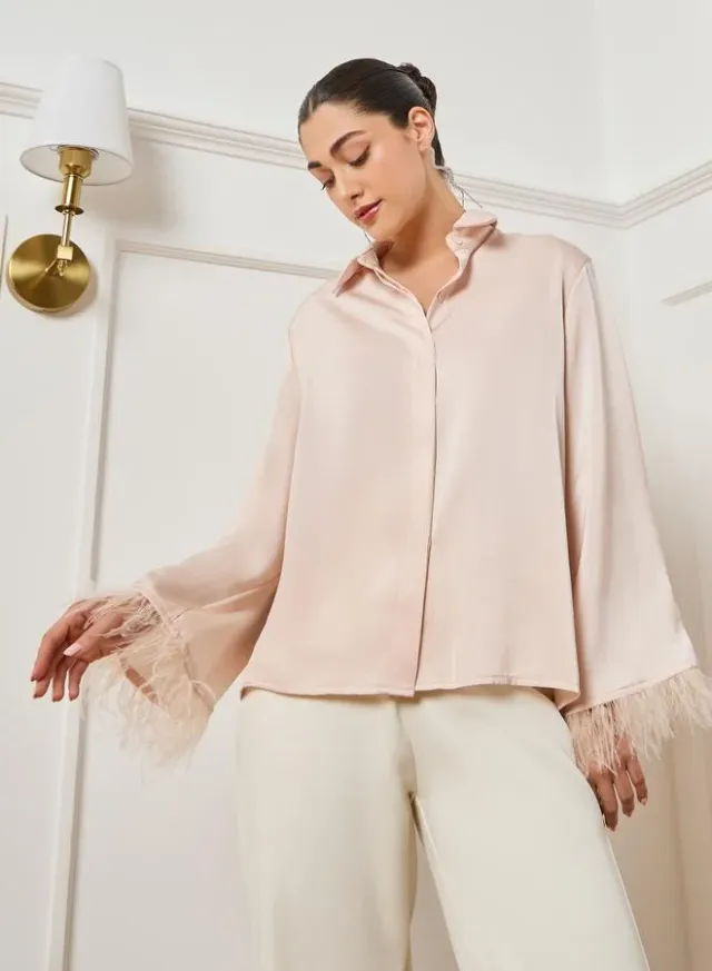 Feather Trim Satin Shirt Cream – image 3