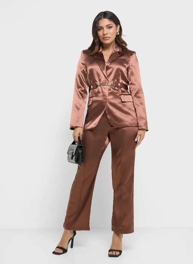 Women's Brown Satin Blazer and Pants Set - 2-Piece – image 5