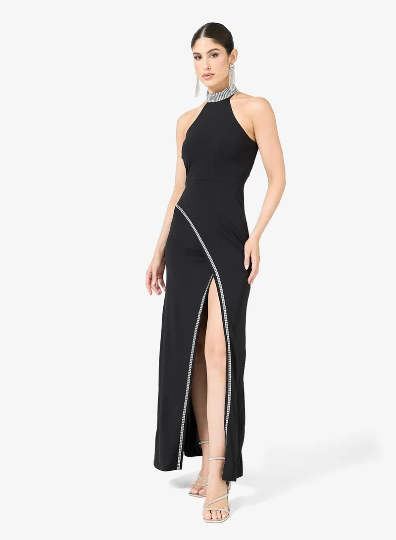 Embellished Halter Slit Dress Black