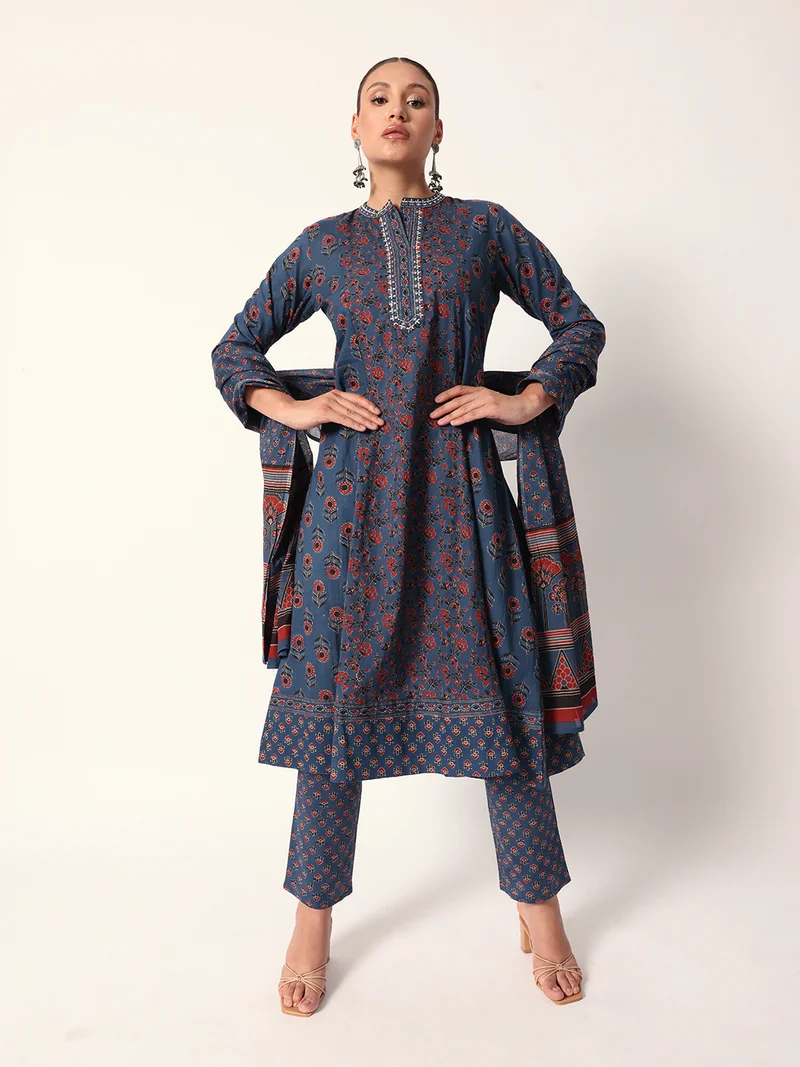 Women's Blue Cotton Textured Tunic Full Palazzo Regular Fit Kurta Set