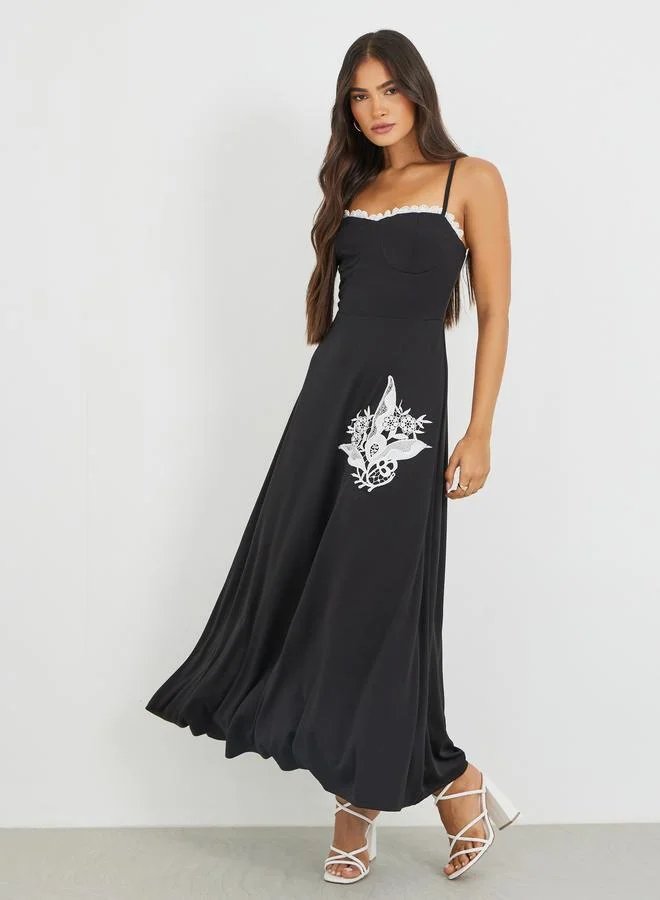 Lace Insert Strappy A-Line Maxi Dress Black
