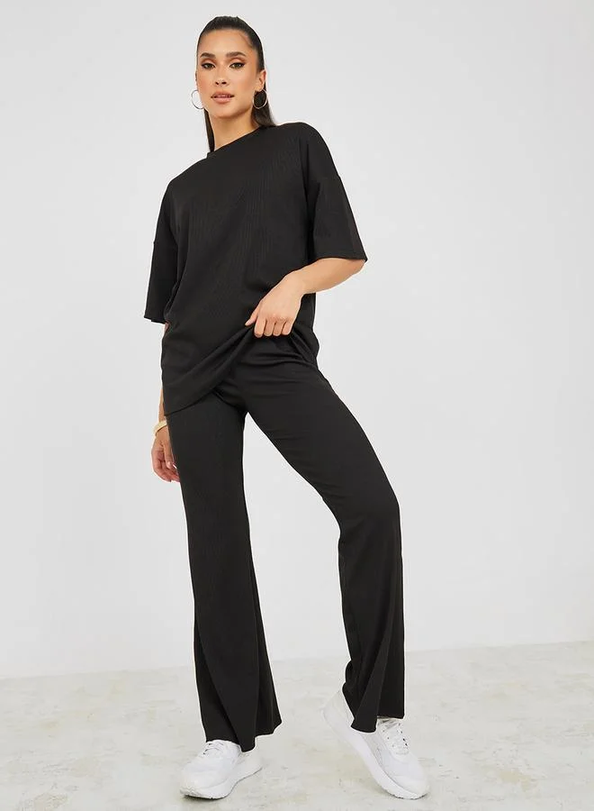 Ribbed Oversized T-Shirt and Flared Trouser Set Black