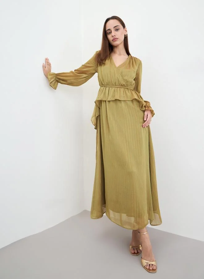 Ruffled Wrap Maxi Dress Olive Green