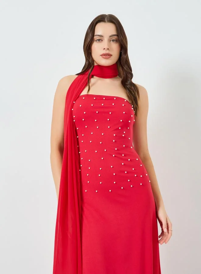 Pearl Embellished Shawl Bodycon Maxi Dress Red