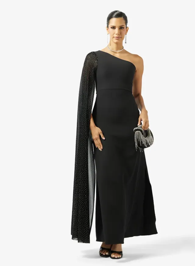 Black One-Shoulder Maxi Dress with Shimmer Trail for Ramadan – image 4