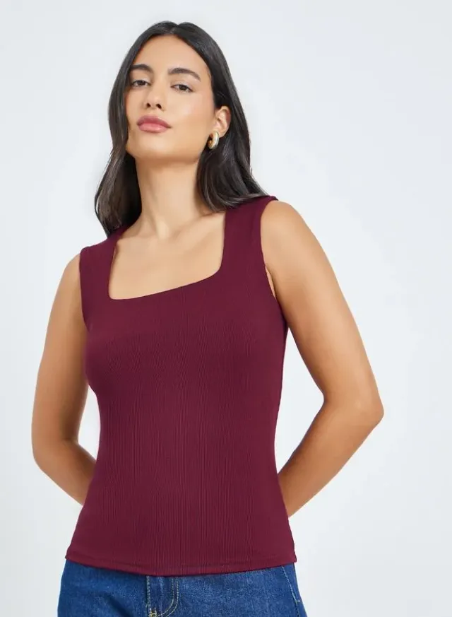 Square Neck Fitted Knit Top Burgundy