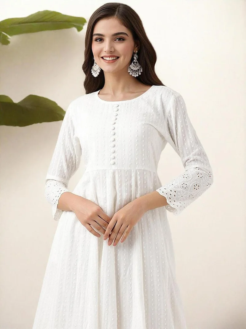 Ishin Lace Buttoned A-Line Kurta Set White