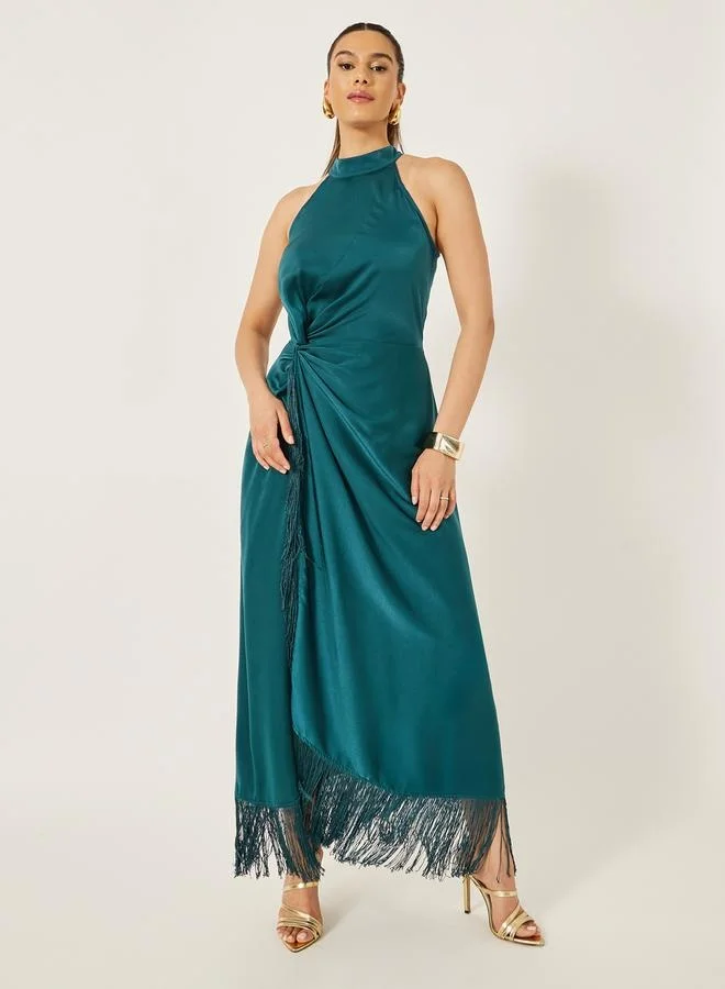 Fringed Halter Dress Teal