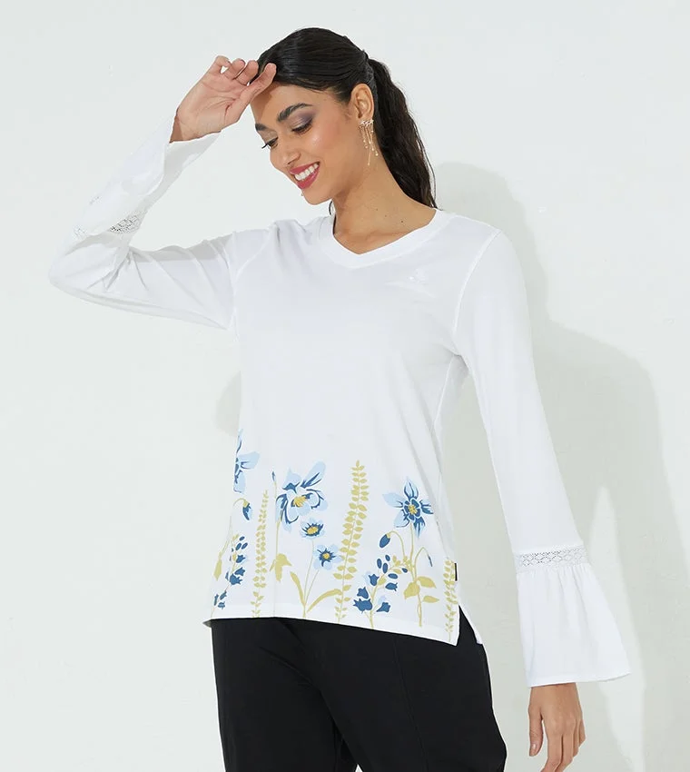 Floral V-Neck T-Shirt White