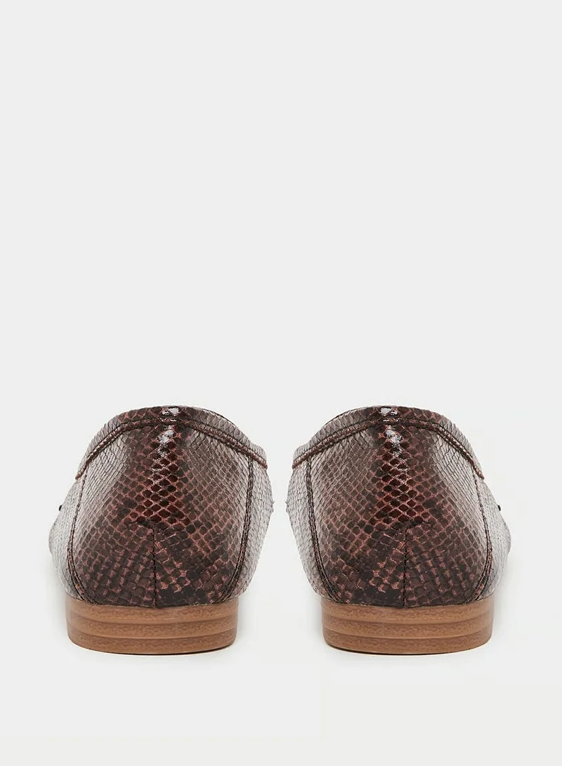 Snake Print Flat Loafers Brown