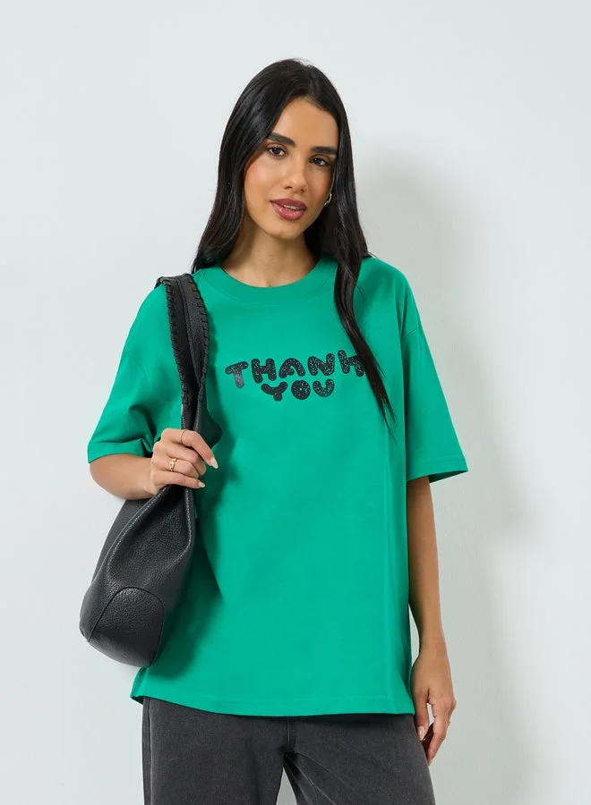 Oversized Slogan Print Cotton T-Shirt Green