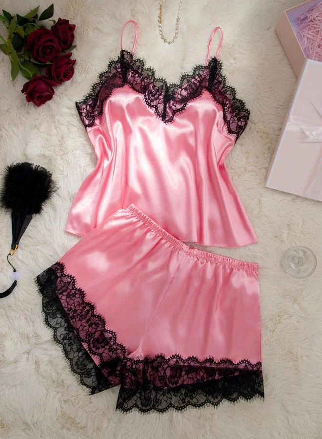 Plus Size Lace Trim Cami and Shorts Set Pink