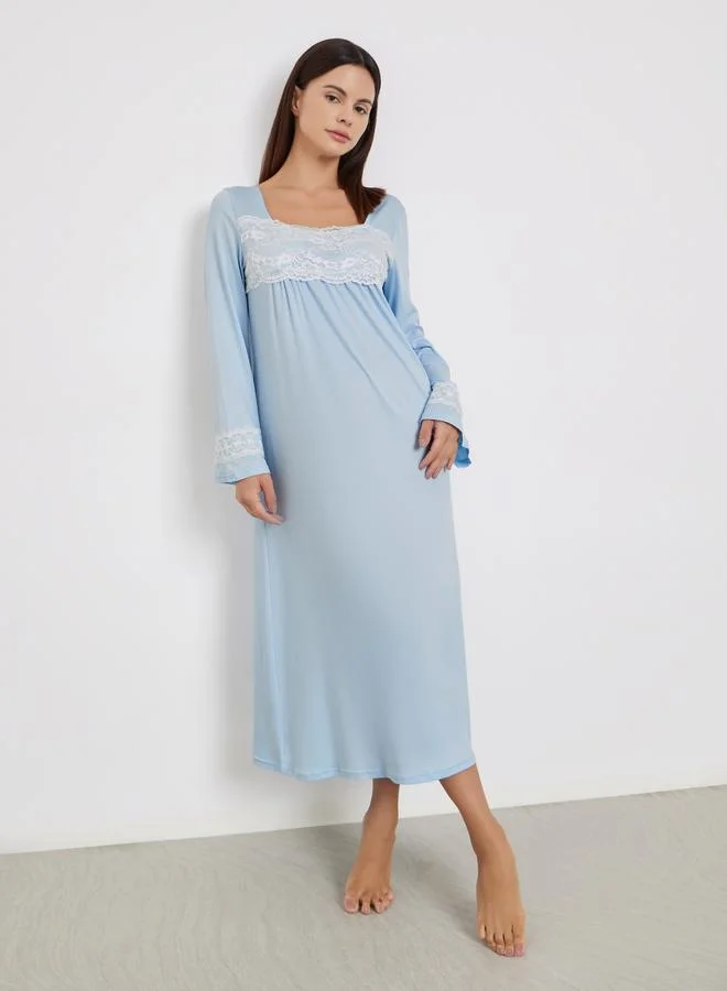Take Two Lace Insert Long Sleeve Nightdress Blue