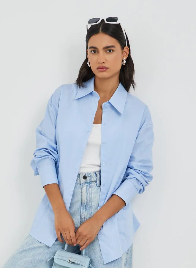 Solid Spread Collar Long Sleeve Shirt Blue