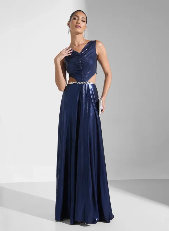 Navy Blue Maxi Fit & Flare V-Neck Sleeveless Evening Dress – image 5