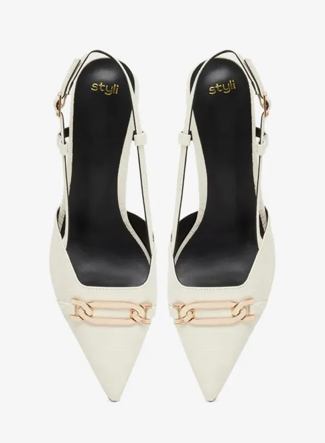 Styli Beige PU Croc Textured Pointed Toe Block Heel Slingback Shoes – image 5