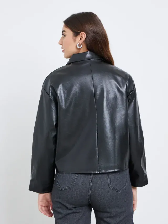 Styli Buttoned Faux Leather Jacket Black – image 5
