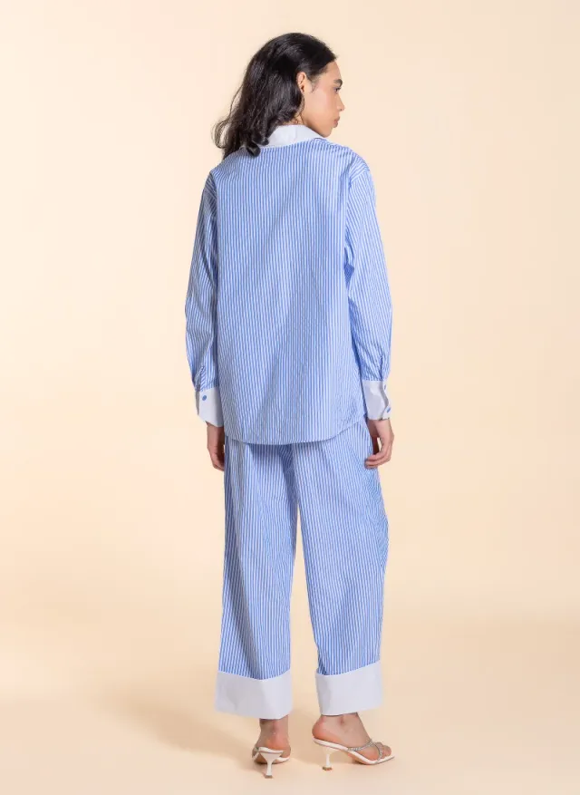 Blue Striped Shirt Set for Women with Folded Hem and Check Pocket – image 4