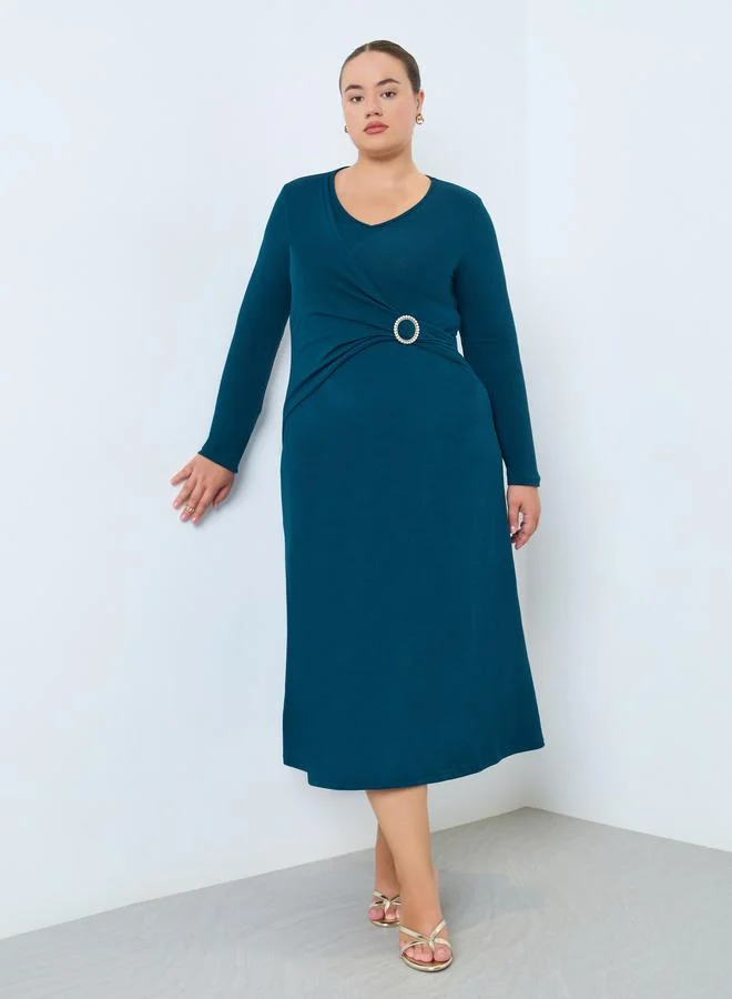 Plus Size Long Sleeve A-Line Midi Dress Teal