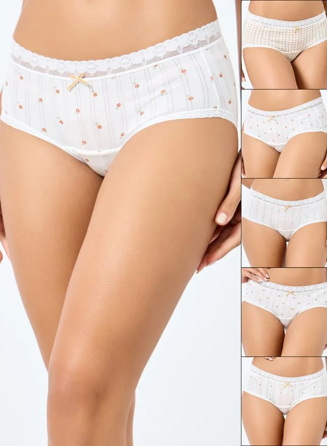 Styli Floral Print Cotton Lace Trim Briefs Pack of 5 Beige