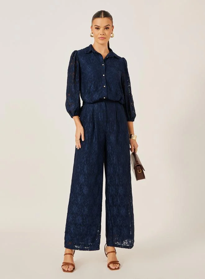 Mid Rise Wide Leg Lace Pants Deep Navy Blue