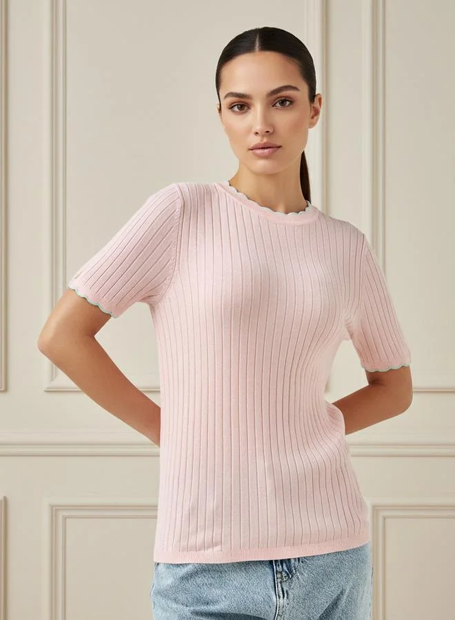 Ribbed Scallop Neck Sweater Pink
