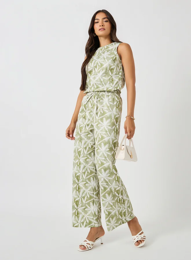 Sleeveless Print Top and Wide Leg Pants Set Pastel Gray