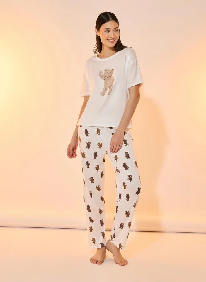 Bear Print T-Shirt & Pyjama Set White