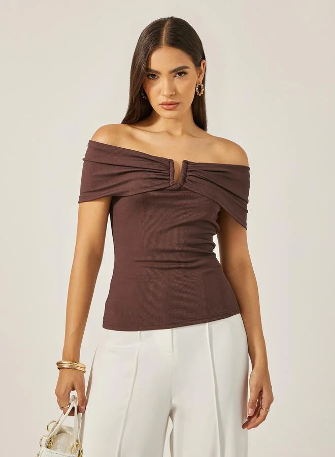 Women's Off-Shoulder Ribbed Fitted Top Deep Coffee
