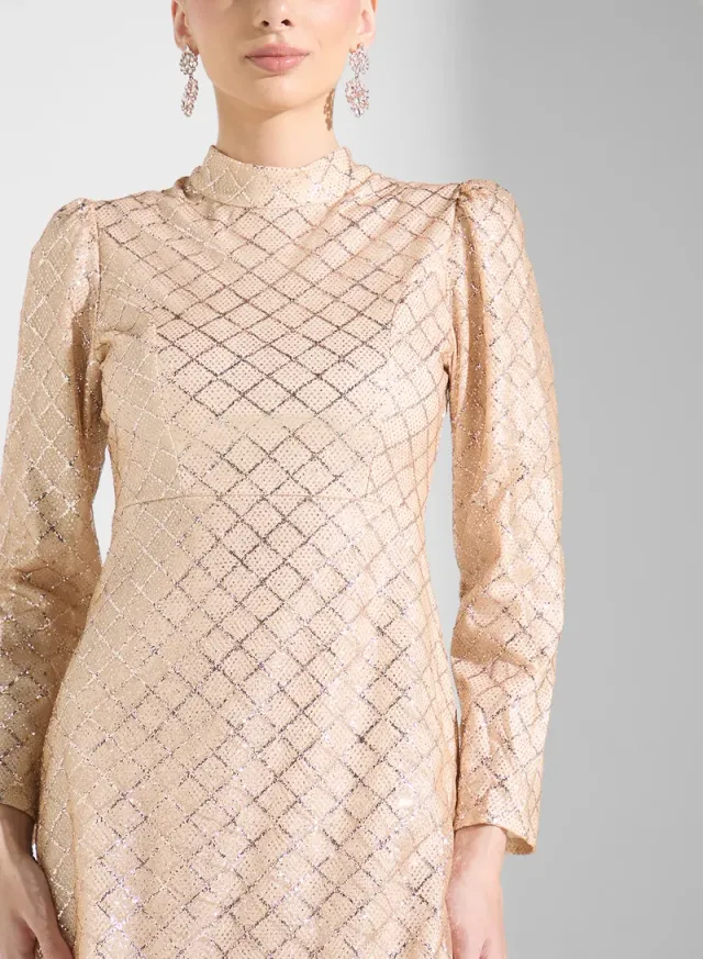 Beige Sequin Mockneck Long-Sleeve Midi Dress – image 3
