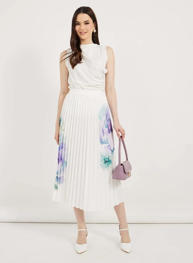 Floral Print Pleated Midi Skirt White