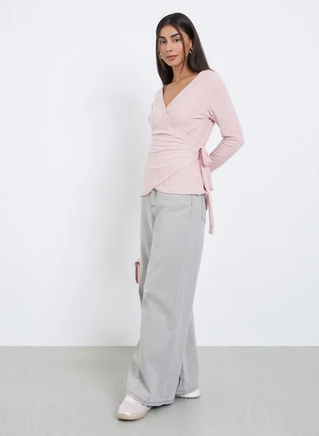 Styli Long Sleeve Wrap Knit Top Pink – image 2