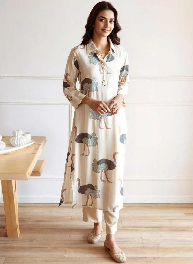 Ishin Graphic Print Kurta Set Cream