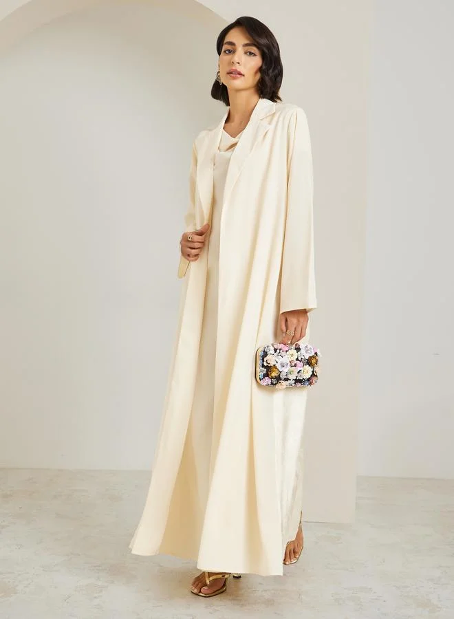 Jacquard Abaya & Cowl Neck Dress Set Yellow