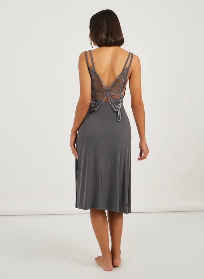 Lace Butterfly Back Ribbed Slip Dress Charcoal