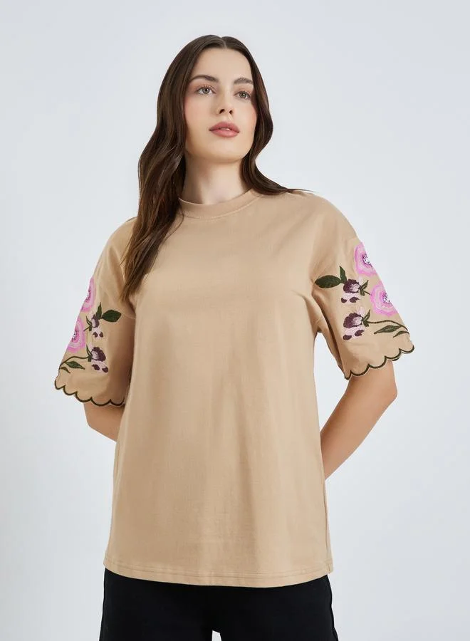 Women's Embroidered Floral Sleeve T-Shirt Beige