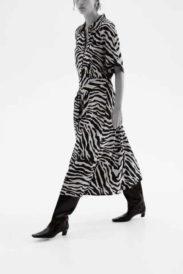 Black and Beige Printed Viscose Midi Shirt Dress – image 2