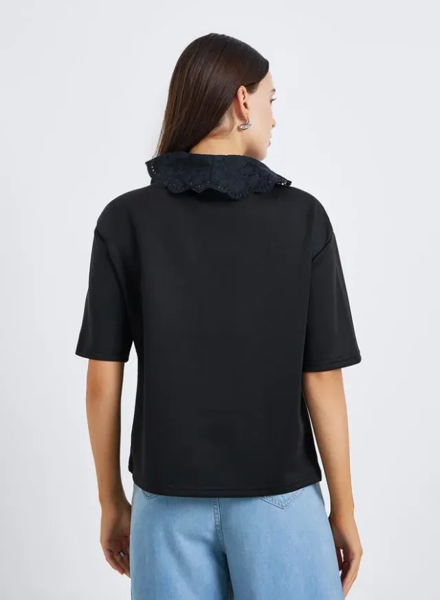 Women's Lace Collar Polo T-Shirt Black – image 4