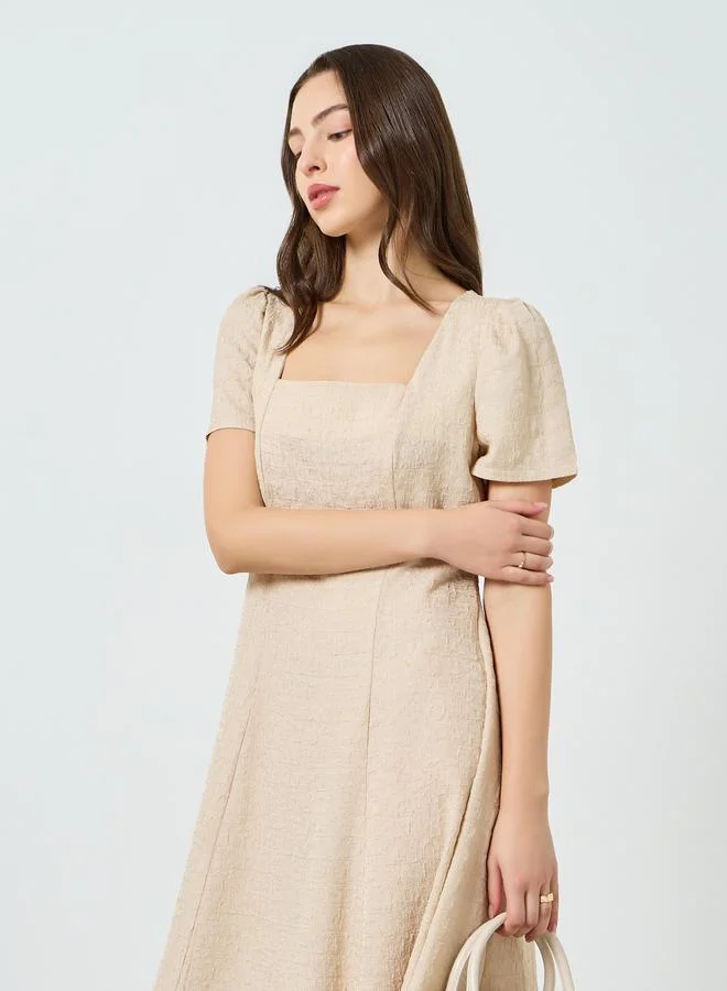 Textured Square Neck Midi Dress Beige