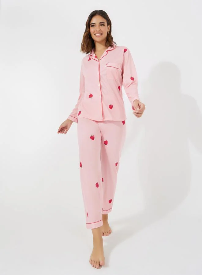 Strawberry Print Shirt & Pyjama Set Pink