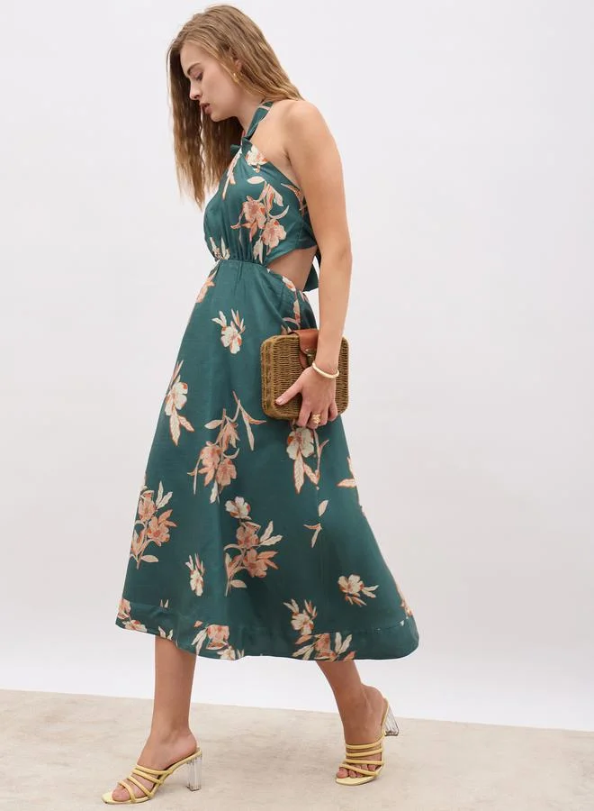 Printed Halterneck Midi Dress Dark Green